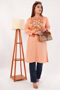 Kashmiri Aari embroidery Cotton Long Kurti Size-44(Peach)