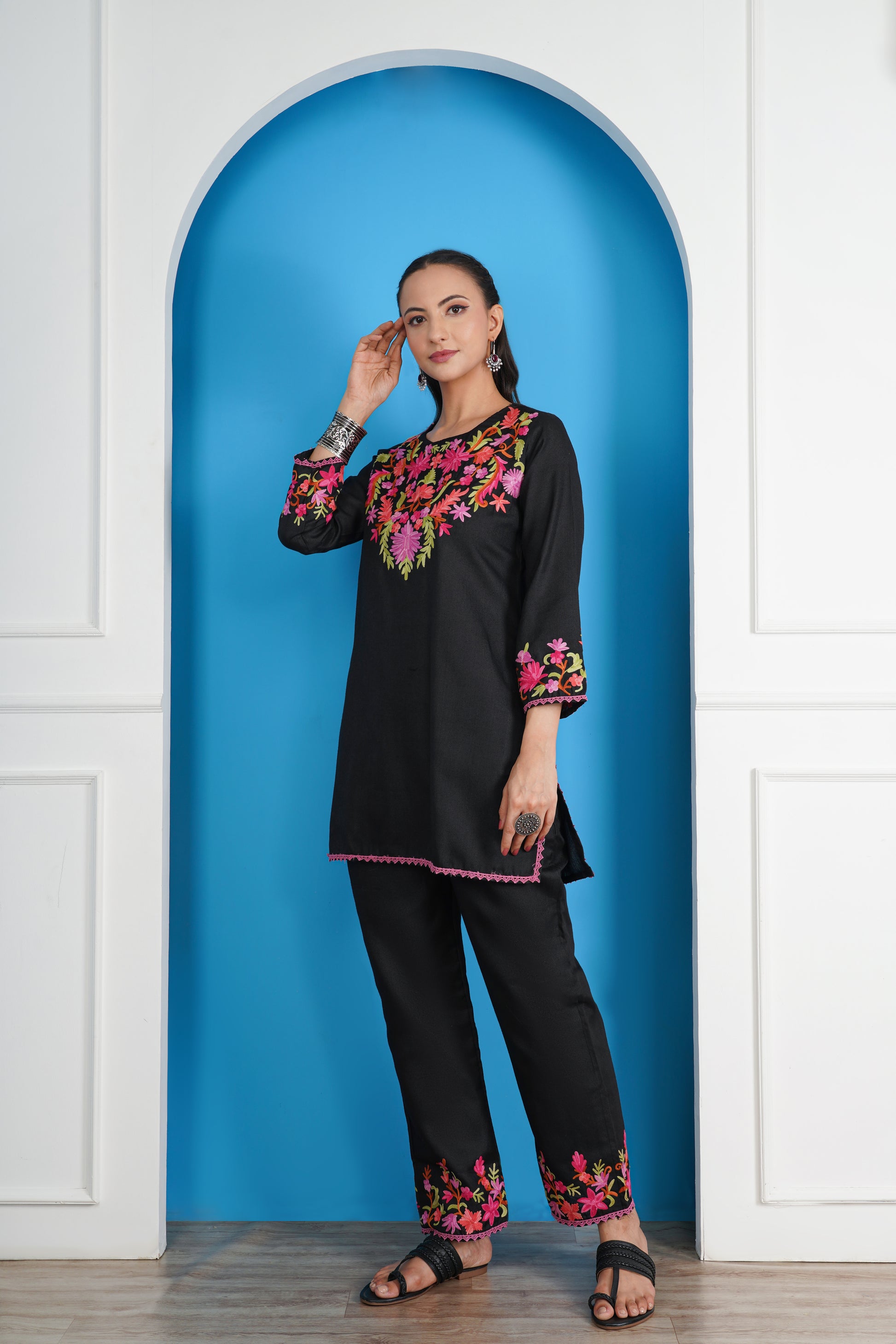 Kashmiri Short Kurti Set-(Black)