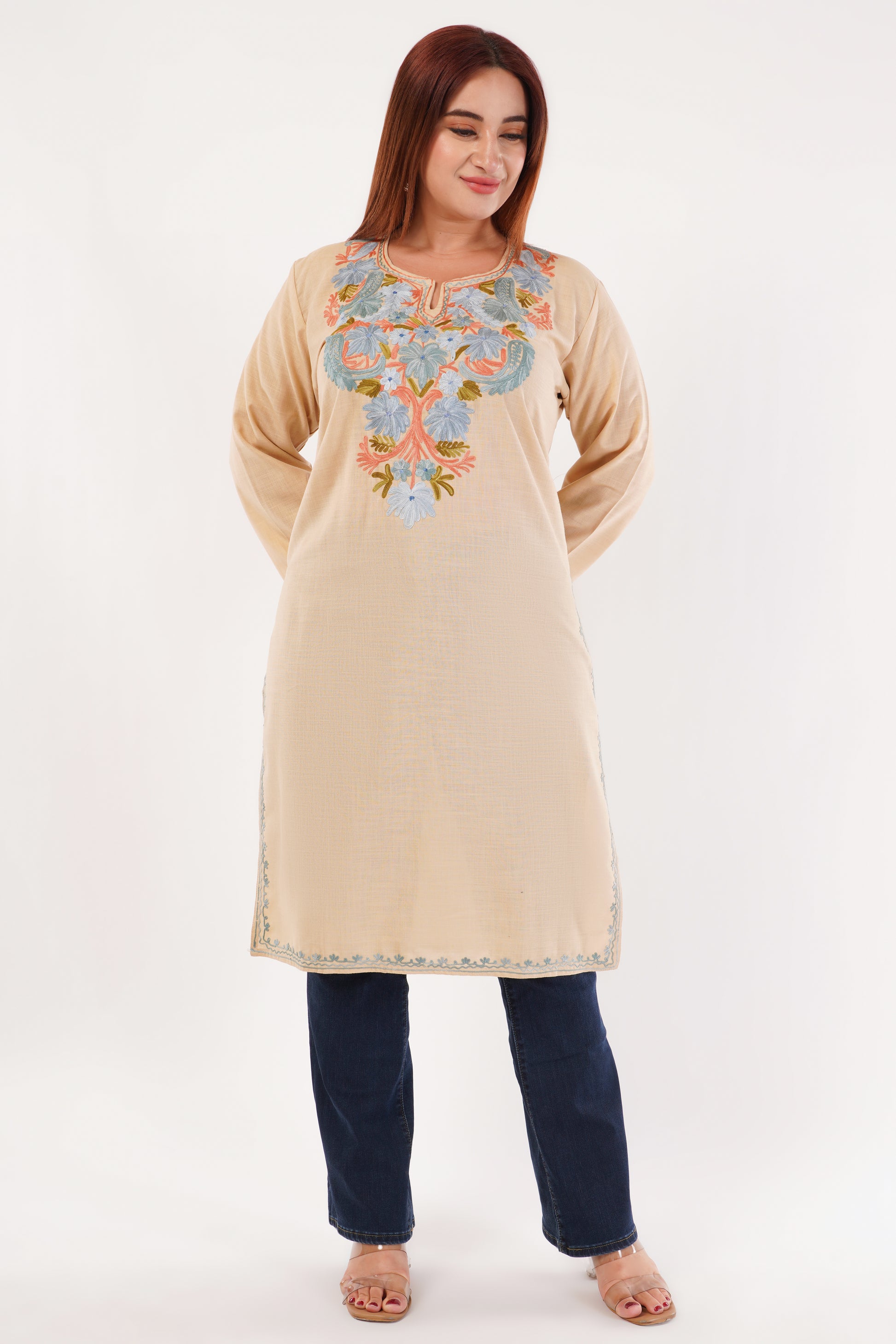 Kashmiri Aari embroidery Cotton Long Kurti Size-44(Beige)