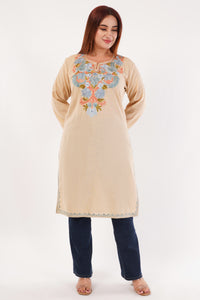 Kashmiri Aari embroidery Cotton Long Kurti Size-44(Beige)