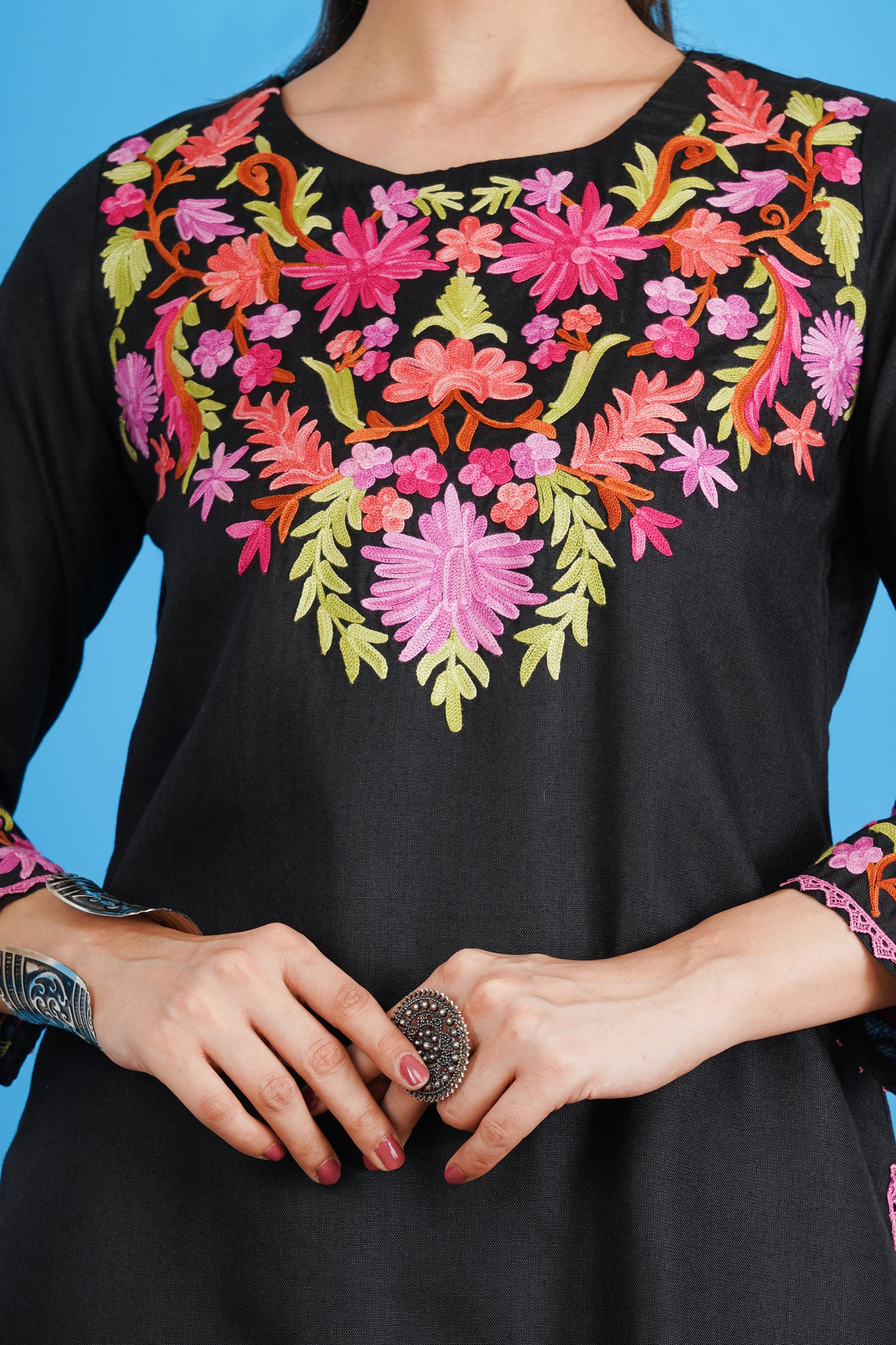 Kashmiri Short Kurti Set-(Black)