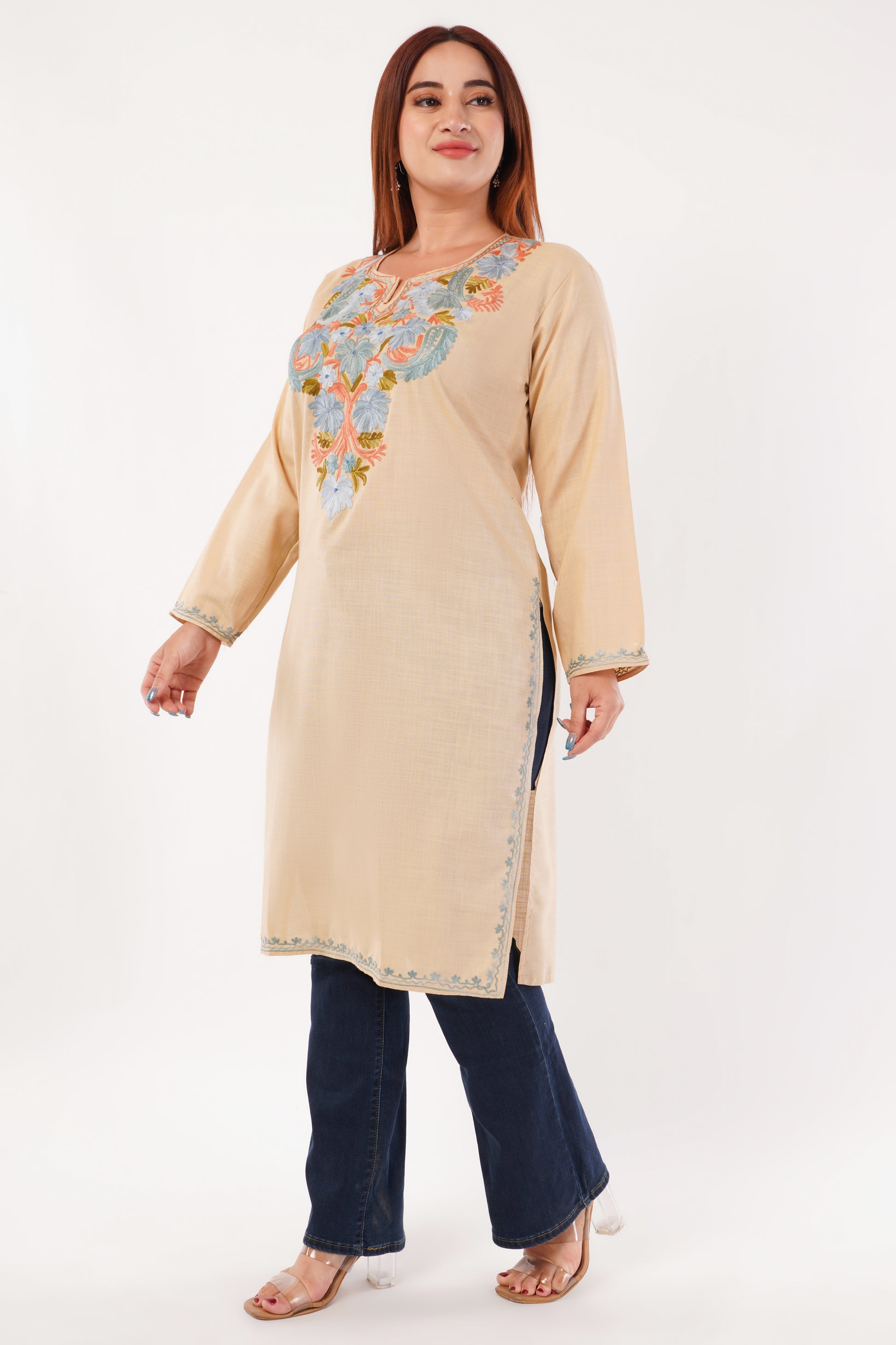 Kashmiri Aari embroidery Cotton Long Kurti Size-44(Beige)