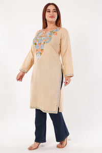 Kashmiri Aari embroidery Cotton Long Kurti Size-44(Beige)