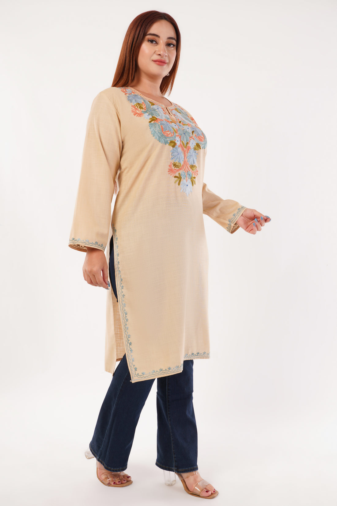 Kashmiri Aari embroidery Cotton Long Kurti Size-44(Beige)