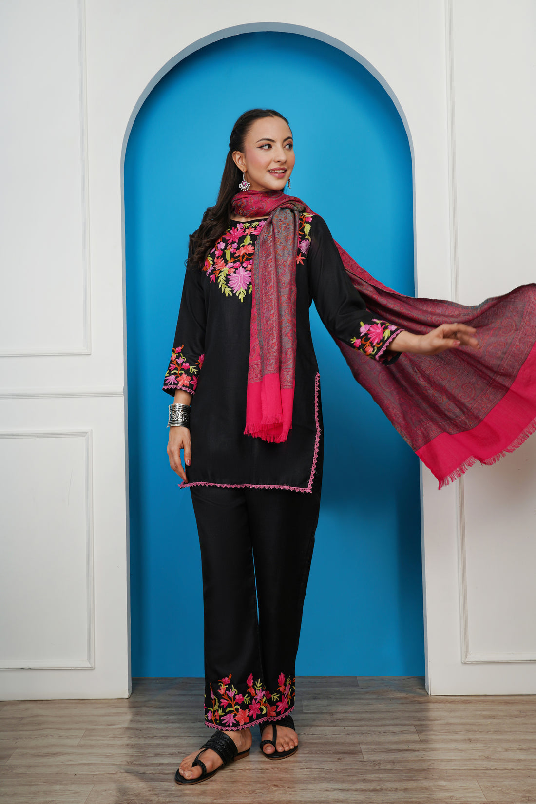 Kashmiri Short Kurti Set-(Black)