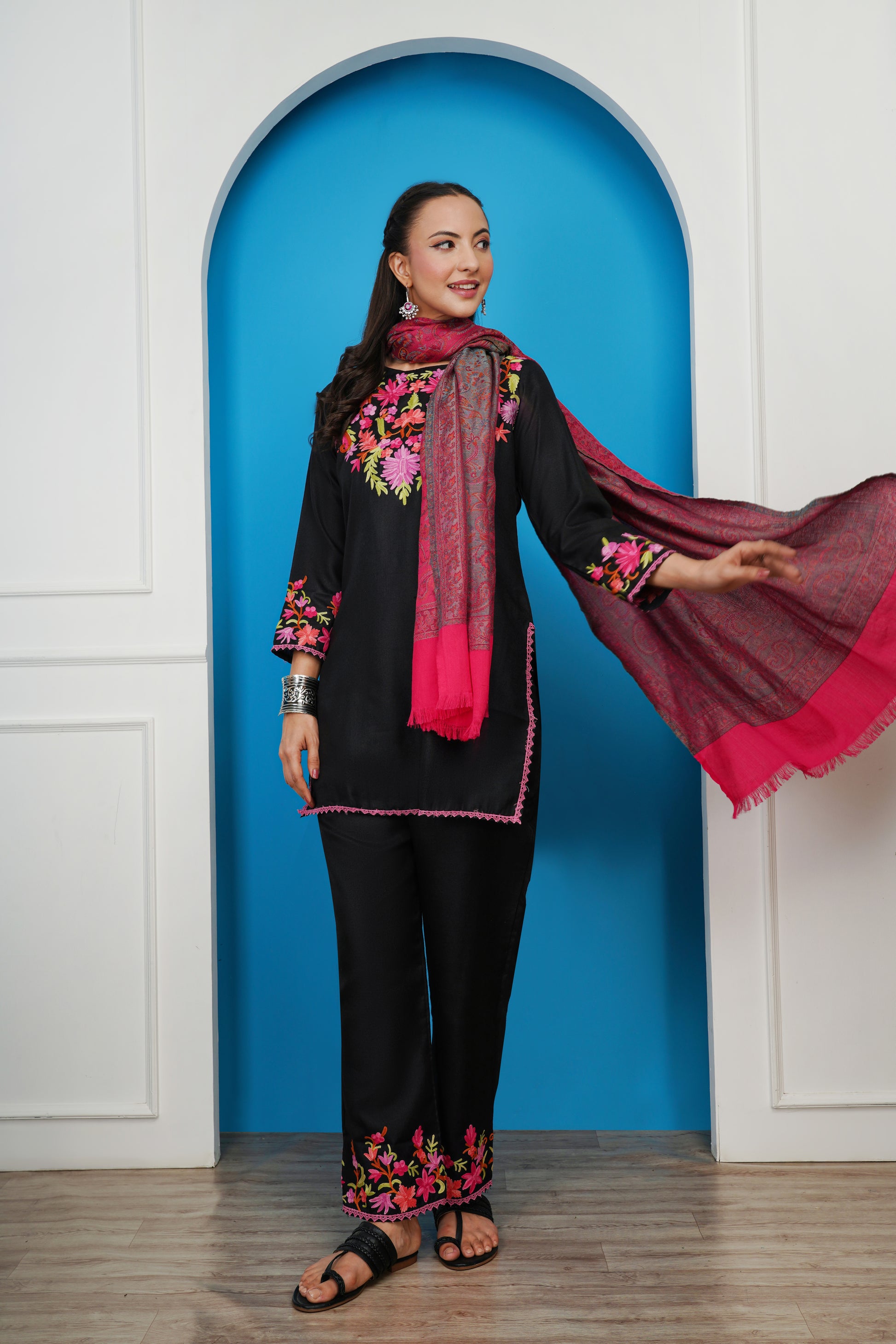 Kashmiri Short Kurti Set-(Black)