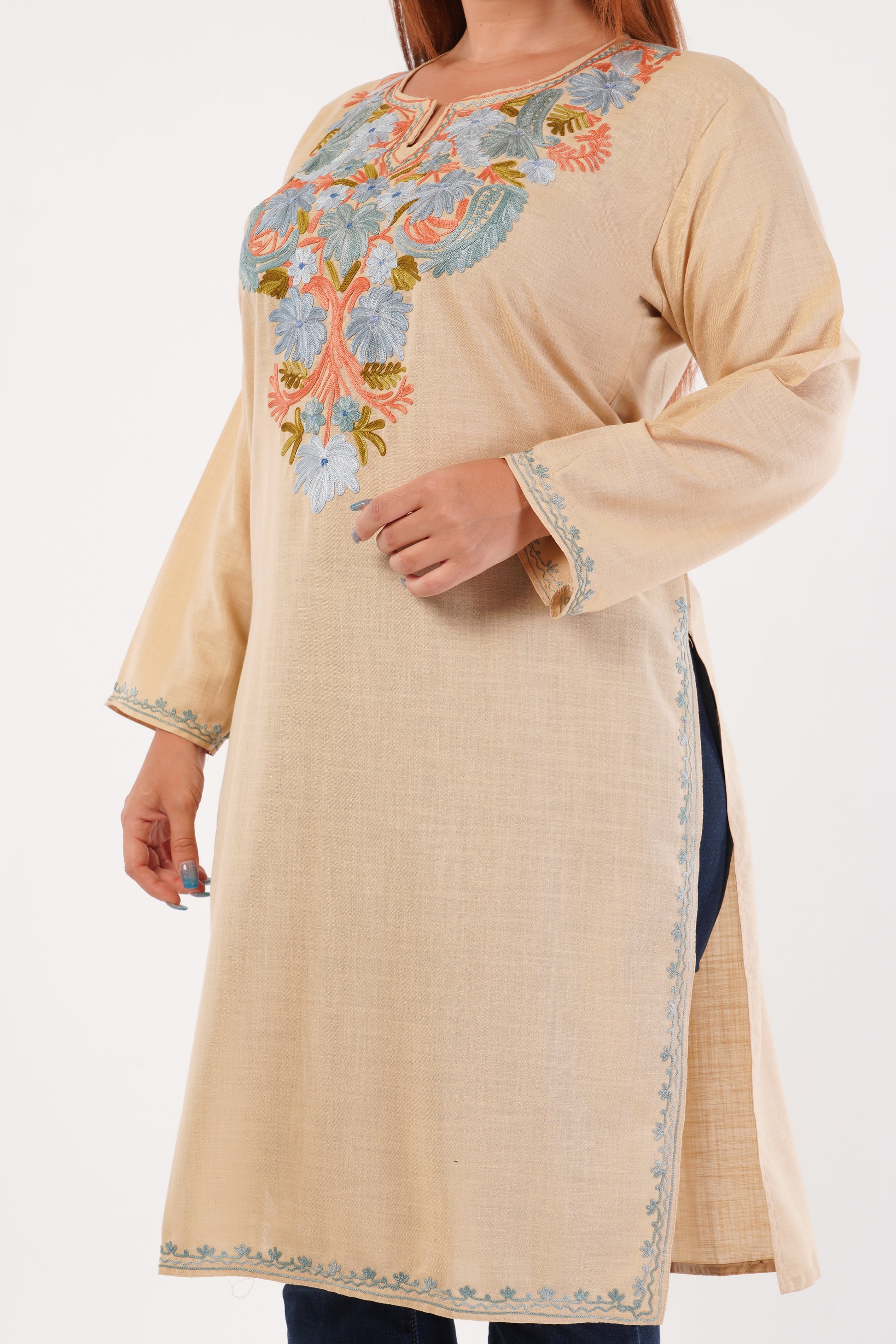 Kashmiri Aari embroidery Cotton Long Kurti Size-44(Beige)