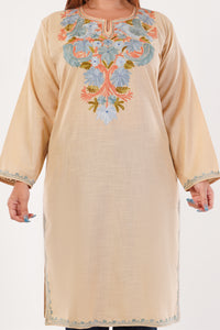 Kashmiri Aari embroidery Cotton Long Kurti Size-44(Beige)