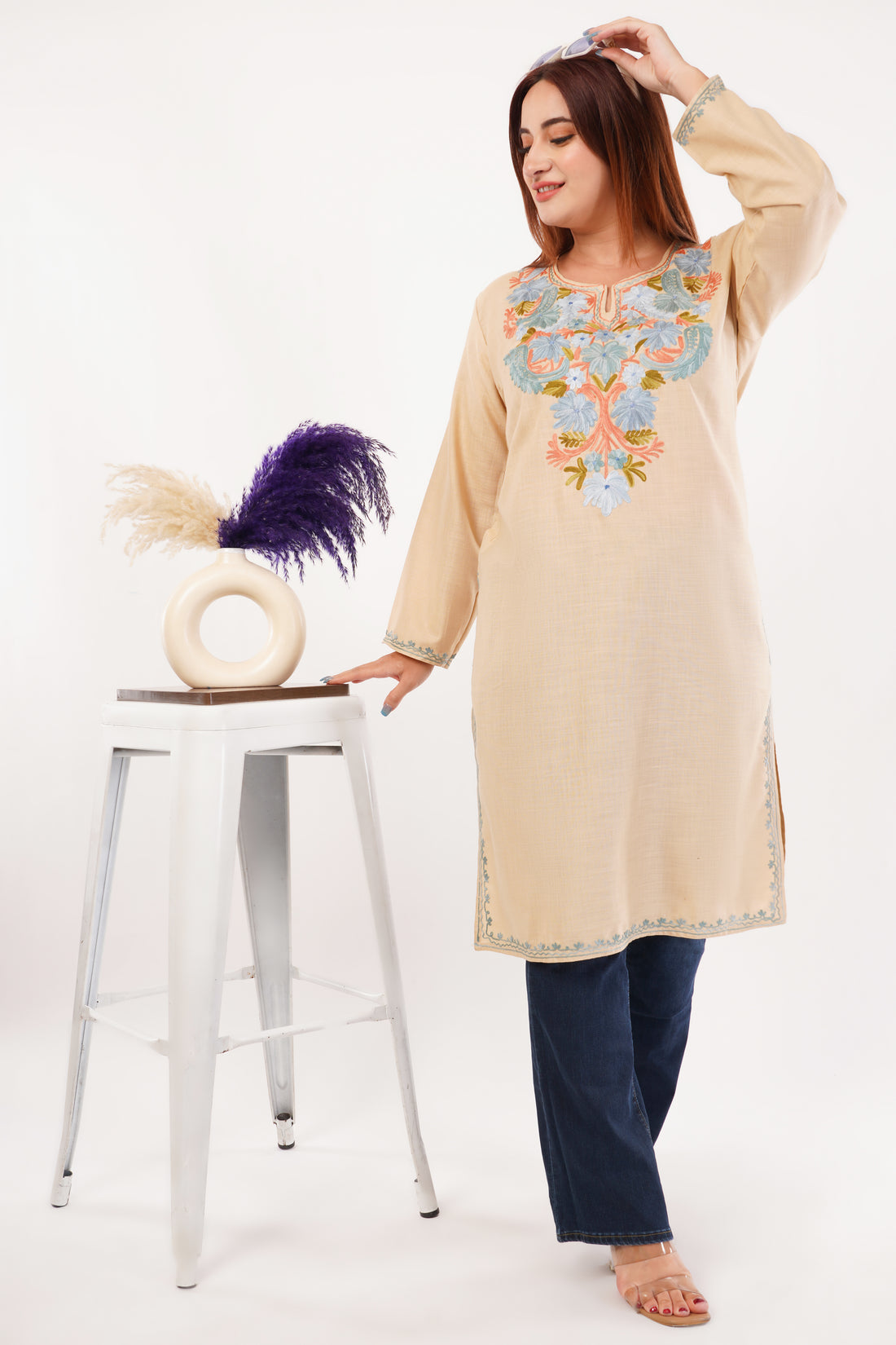 Kashmiri Aari embroidery Cotton Long Kurti Size-44(Beige)
