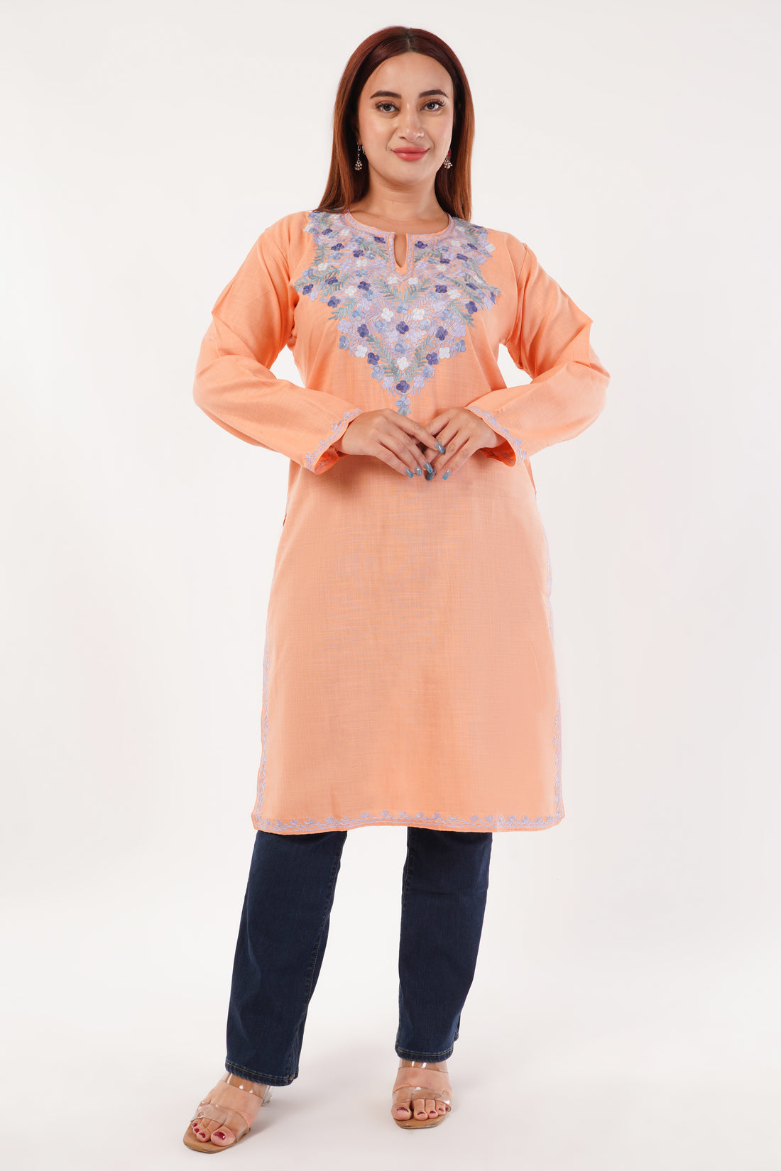 Kashmiri Aari embroidery Cotton Long Kurti Size-44(Peach)