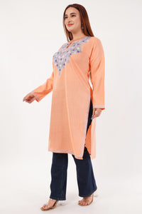 Kashmiri Aari embroidery Cotton Long Kurti Size-44(Peach)