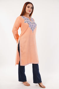 Kashmiri Aari embroidery Cotton Long Kurti Size-44(Peach)