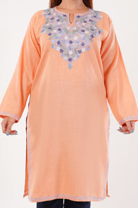 Kashmiri Aari embroidery Cotton Long Kurti Size-44(Peach)