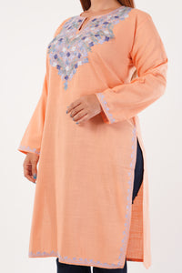 Kashmiri Aari embroidery Cotton Long Kurti Size-44(Peach)