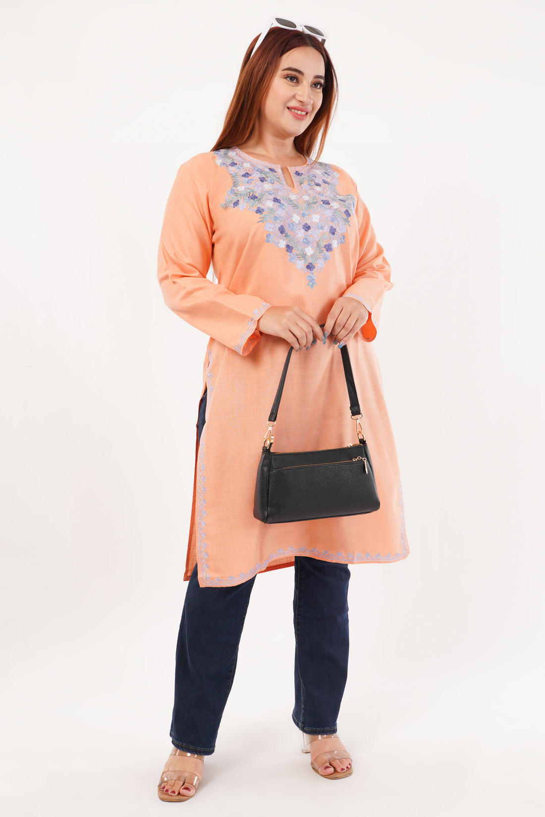 Kashmiri Aari embroidery Cotton Long Kurti Size-44(Peach)