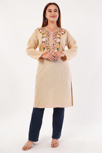 Kashmiri Aari embroidery Cotton Long Kurti Size-44(Beige)