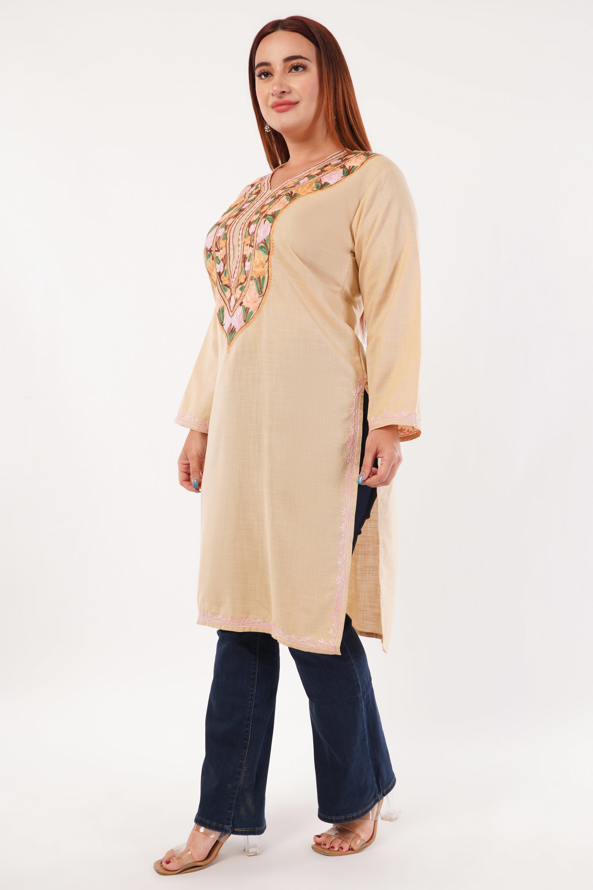 Kashmiri Aari embroidery Cotton Long Kurti Size-44(Beige)