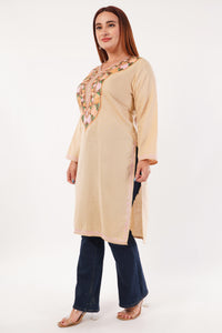 Kashmiri Aari embroidery Cotton Long Kurti Size-44(Beige)