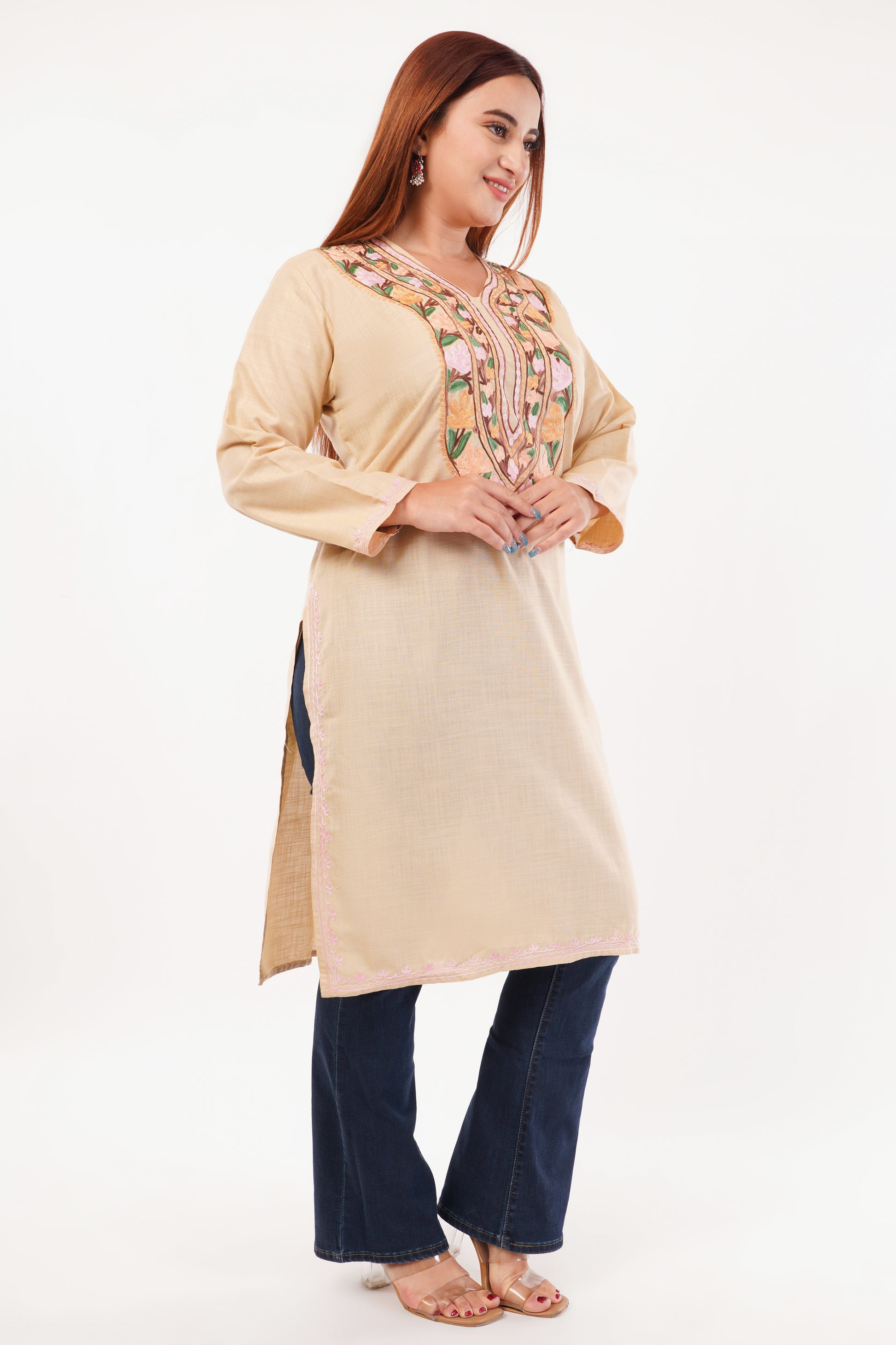 Kashmiri Aari embroidery Cotton Long Kurti Size-44(Beige)