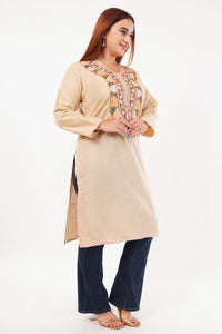 Kashmiri Aari embroidery Cotton Long Kurti Size-44(Beige)
