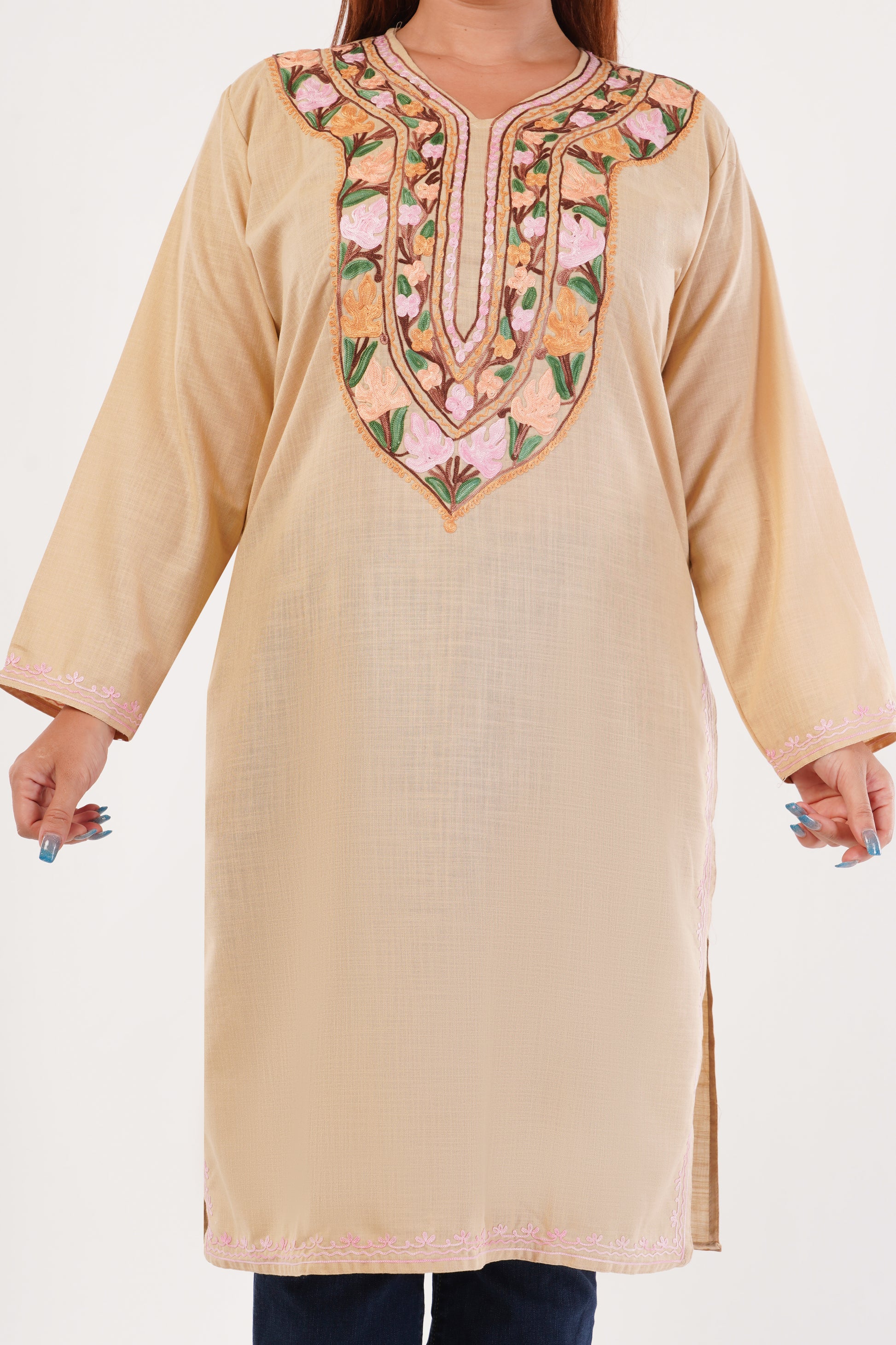 Kashmiri Aari embroidery Cotton Long Kurti Size-44(Beige)