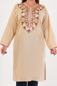 Kashmiri Aari embroidery Cotton Long Kurti Size-44(Beige)
