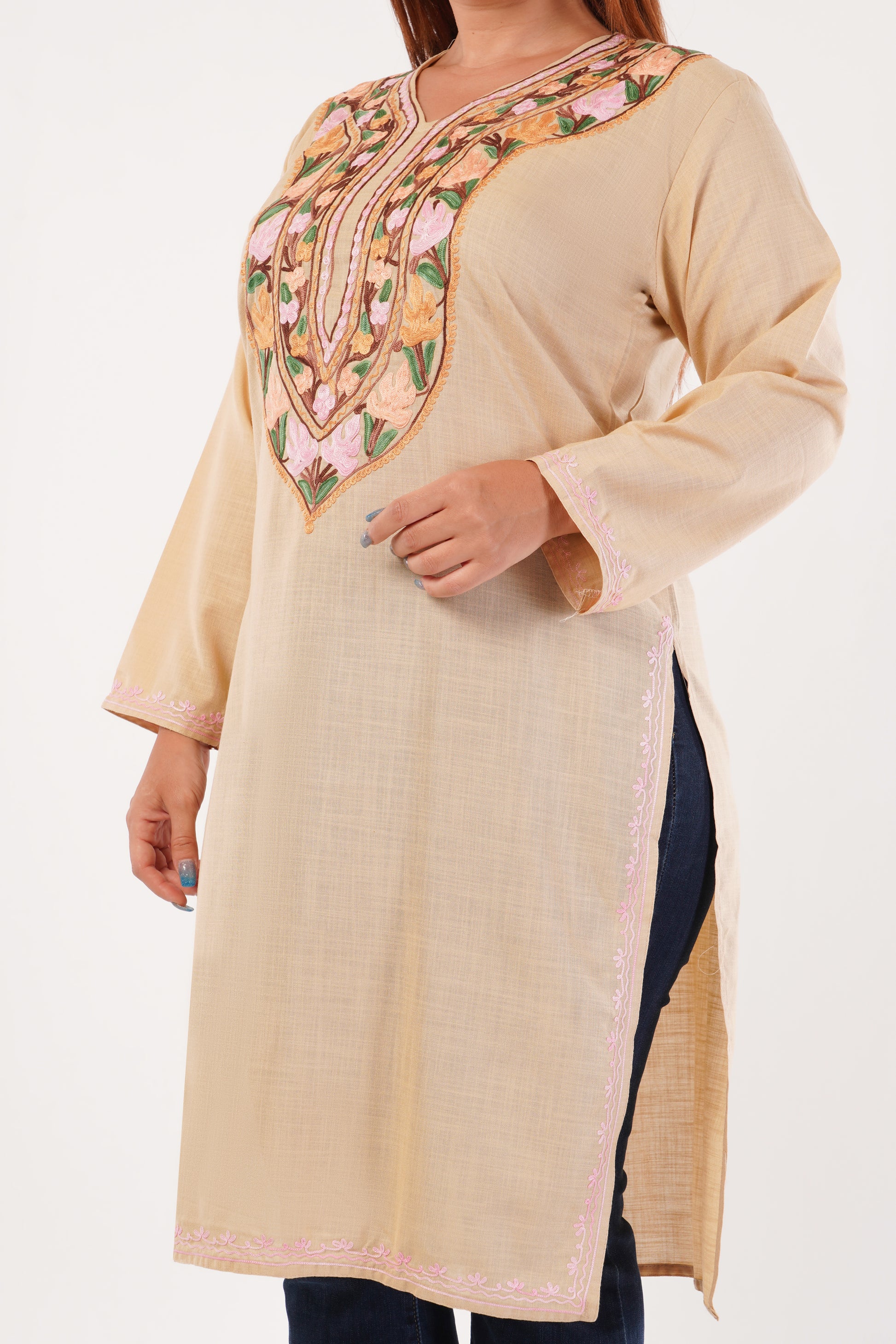 Kashmiri Aari embroidery Cotton Long Kurti Size-44(Beige)