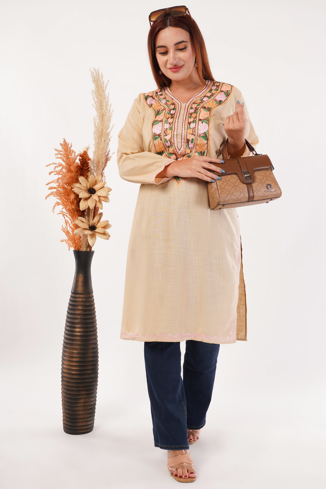 Kashmiri Aari embroidery Cotton Long Kurti Size-44(Beige)