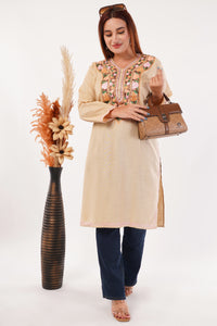Kashmiri Aari embroidery Cotton Long Kurti Size-44(Beige)