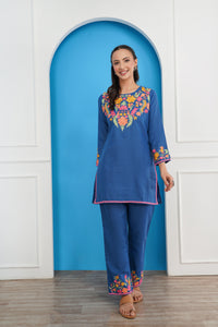 Kashmiri Short Kurti Set-(Blue)