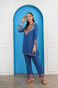 Kashmiri Short Kurti Set-(Blue)