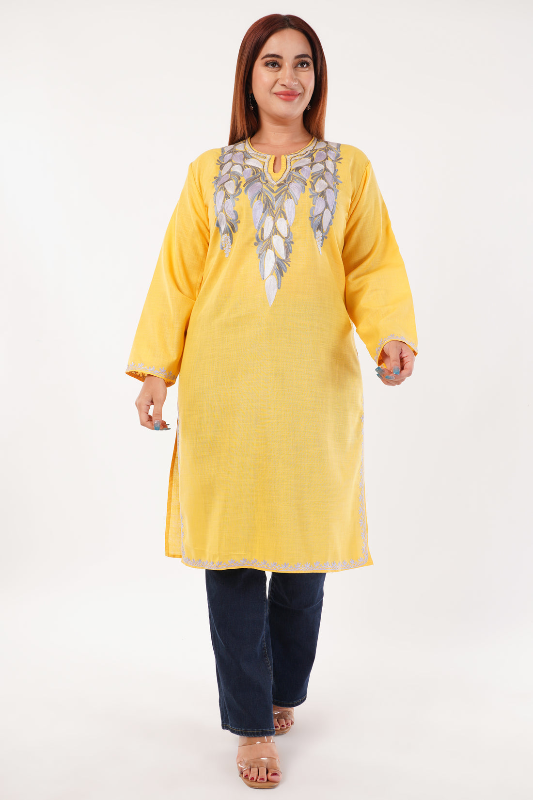 Kashmiri Aari embroidery Cotton Long Kurti Size-44(Yellow)