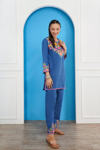 Kashmiri Short Kurti Set-(Blue)