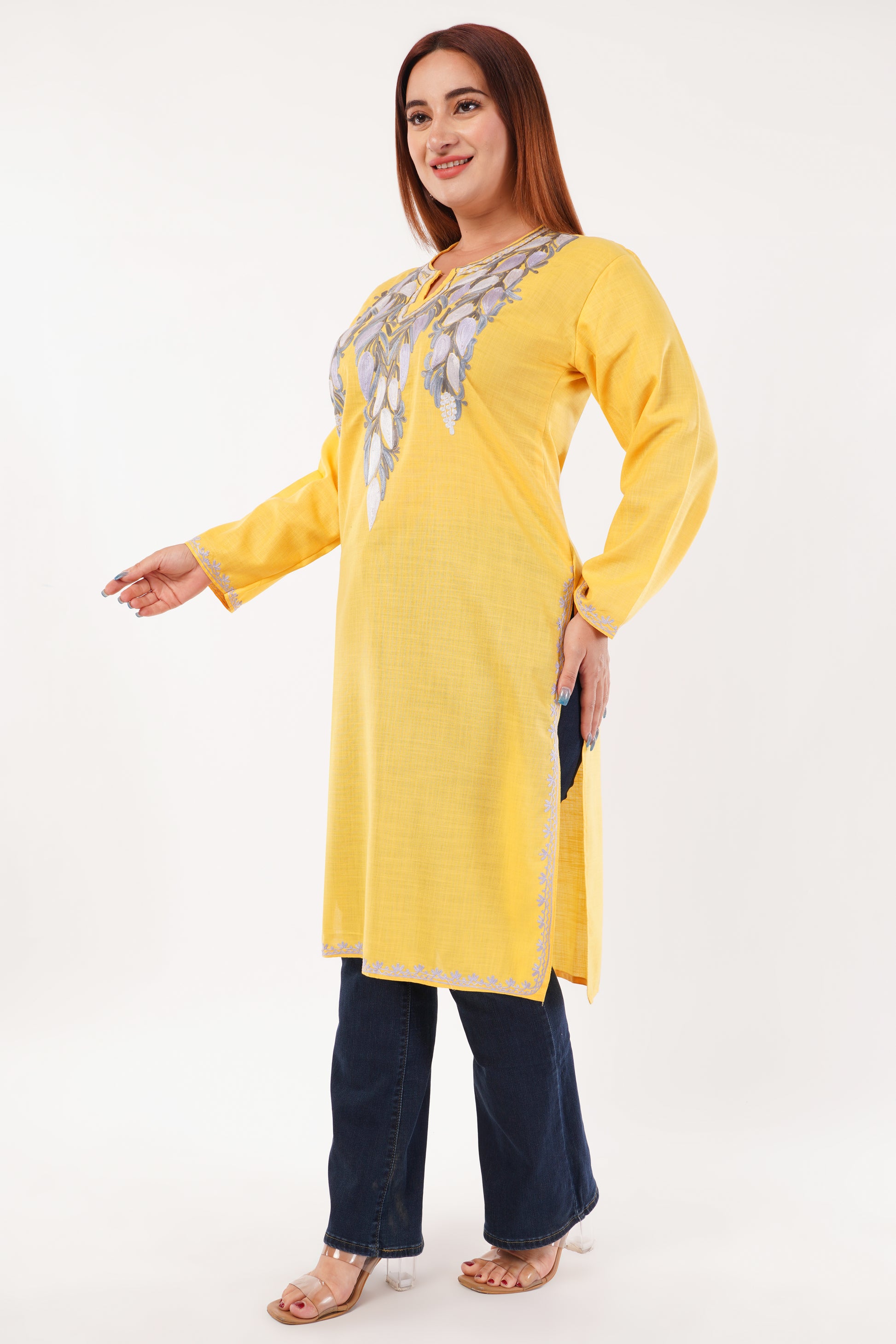 Kashmiri Aari embroidery Cotton Long Kurti Size-44(Yellow)