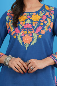 Kashmiri Short Kurti Set-(Blue)