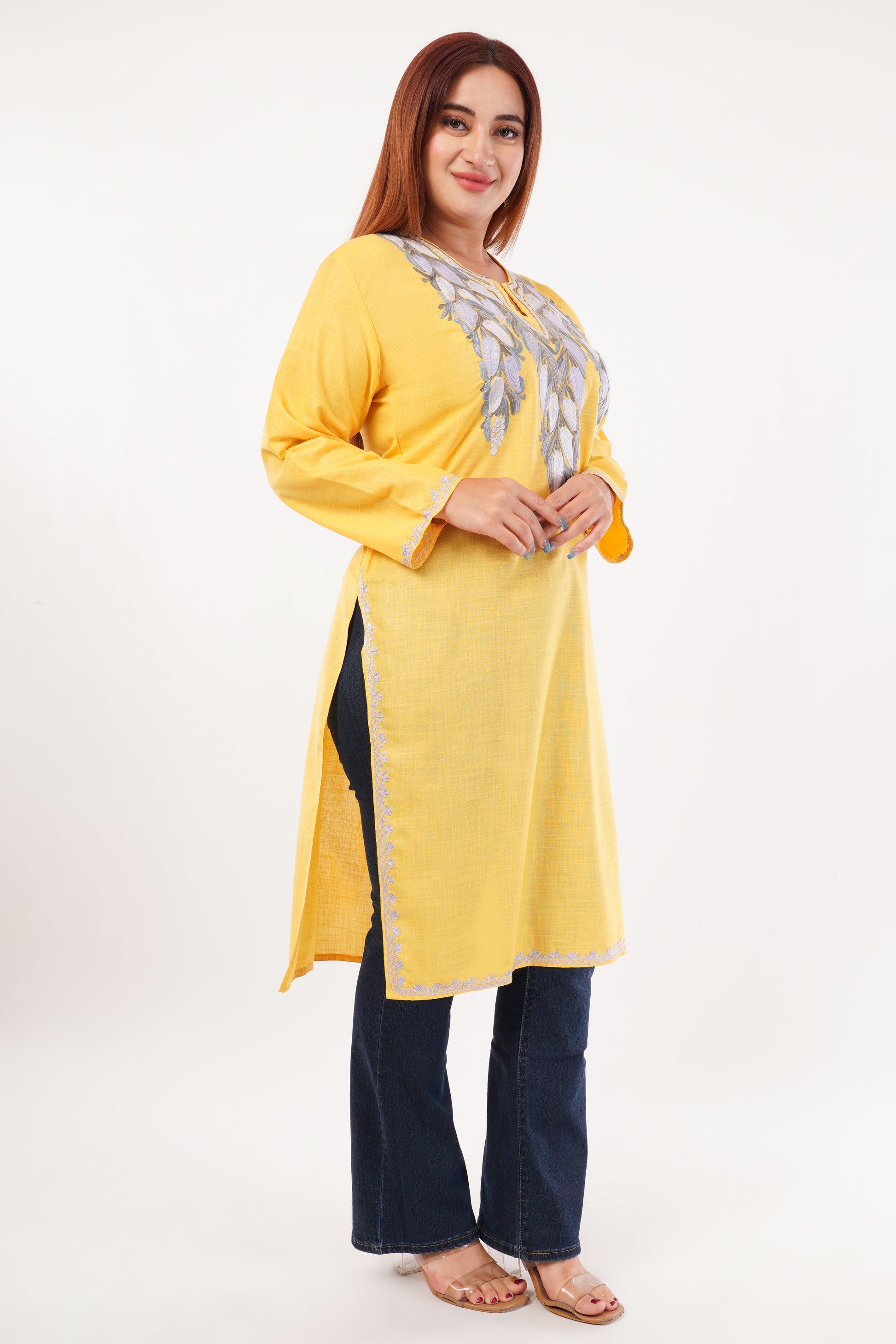Kashmiri Aari embroidery Cotton Long Kurti Size-44(Yellow)