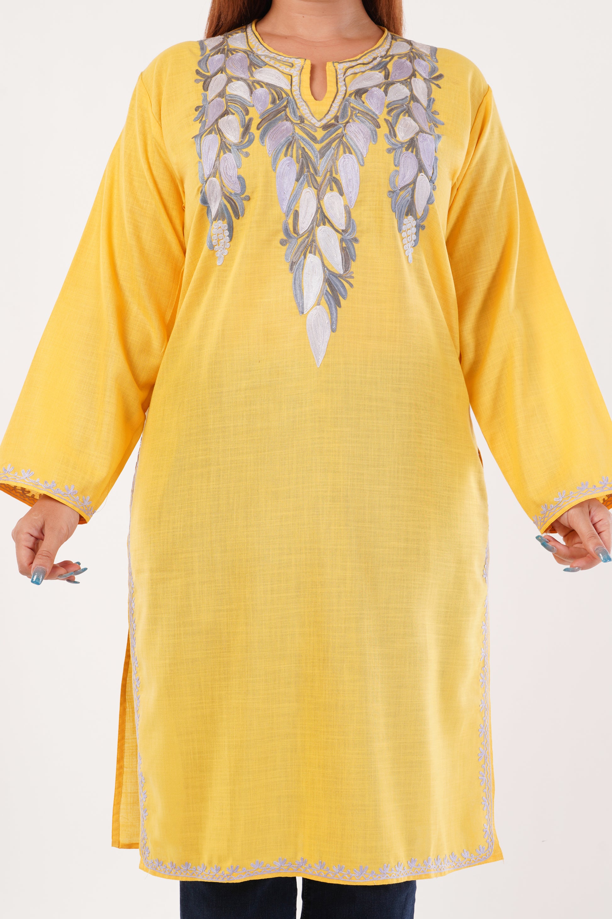 Kashmiri Aari embroidery Cotton Long Kurti Size-44(Yellow)