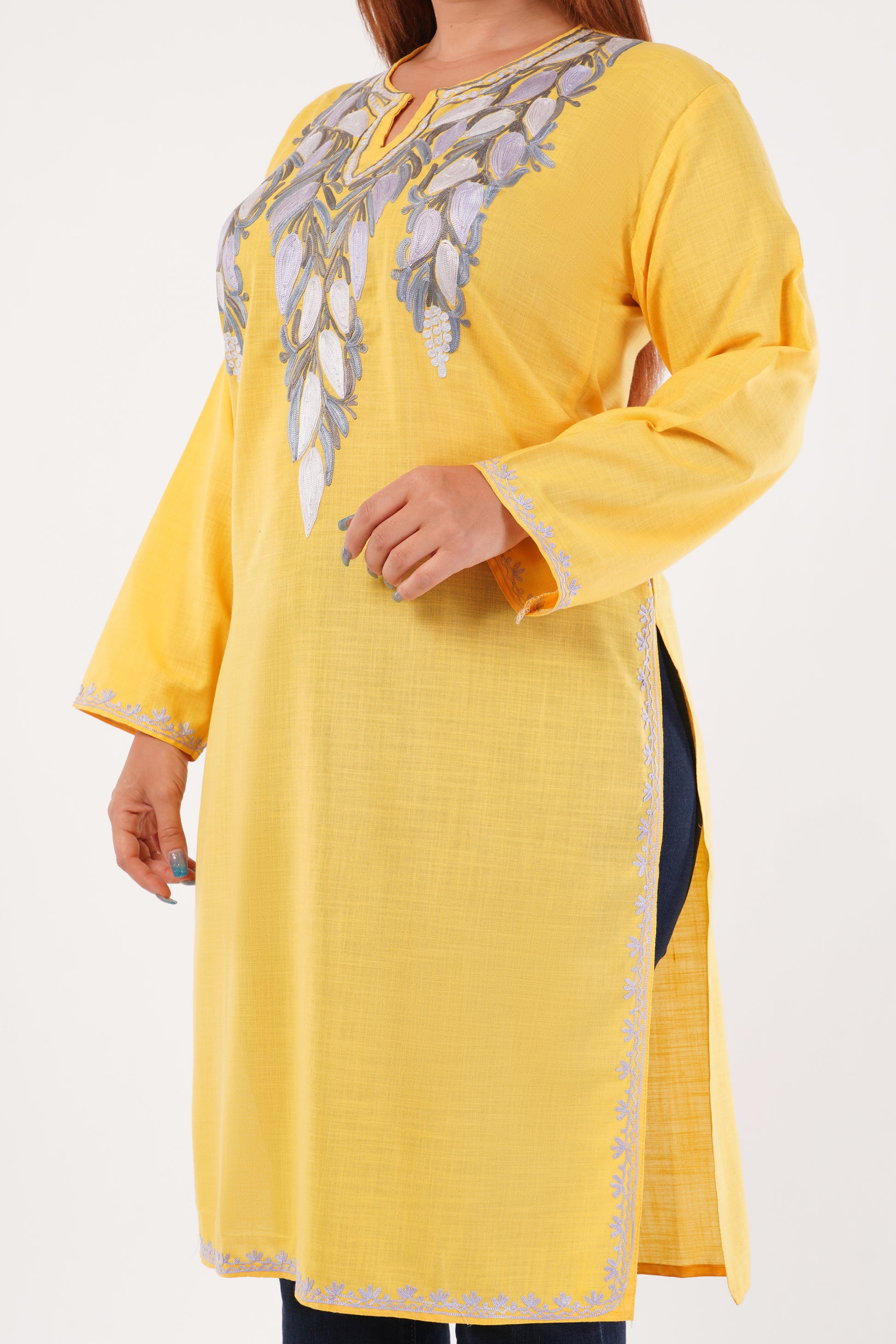 Kashmiri Aari embroidery Cotton Long Kurti Size-44(Yellow)