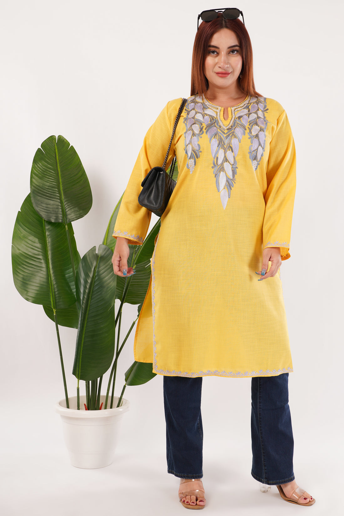 Kashmiri Aari embroidery Cotton Long Kurti Size-44(Yellow)