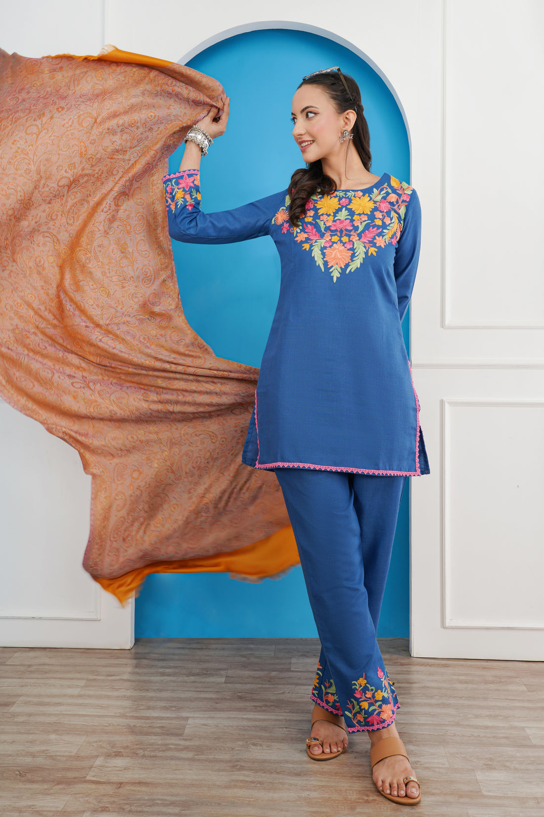 Kashmiri Short Kurti Set-(Blue)