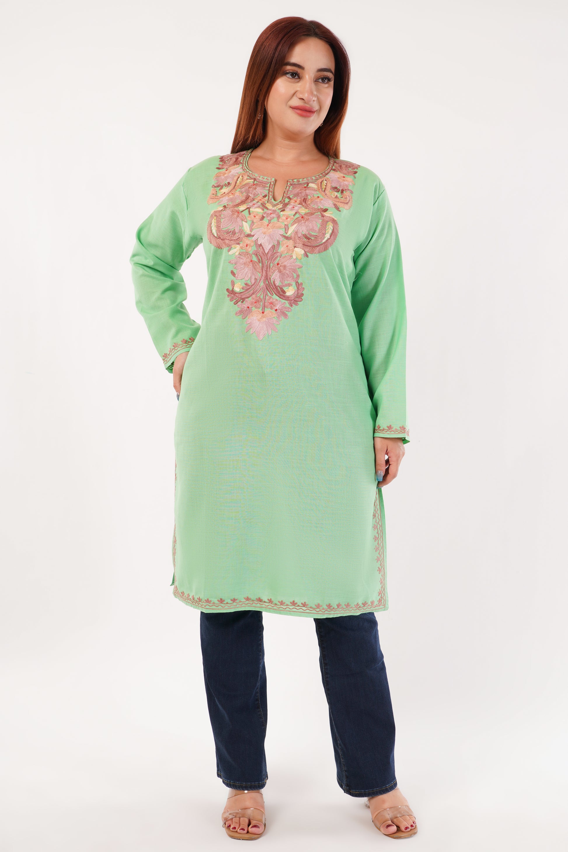 Kashmiri Aari embroidery Cotton Long Kurti Size-44(Green)
