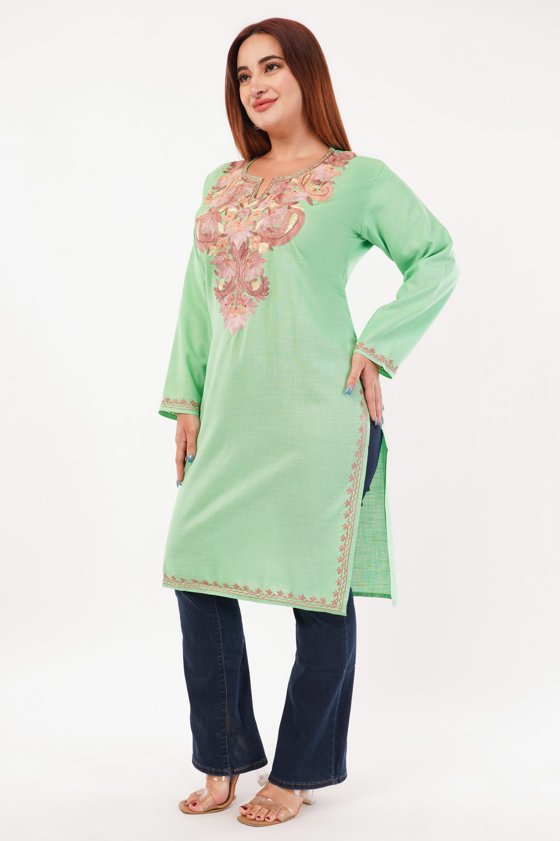Kashmiri Aari embroidery Cotton Long Kurti Size-44(Green)