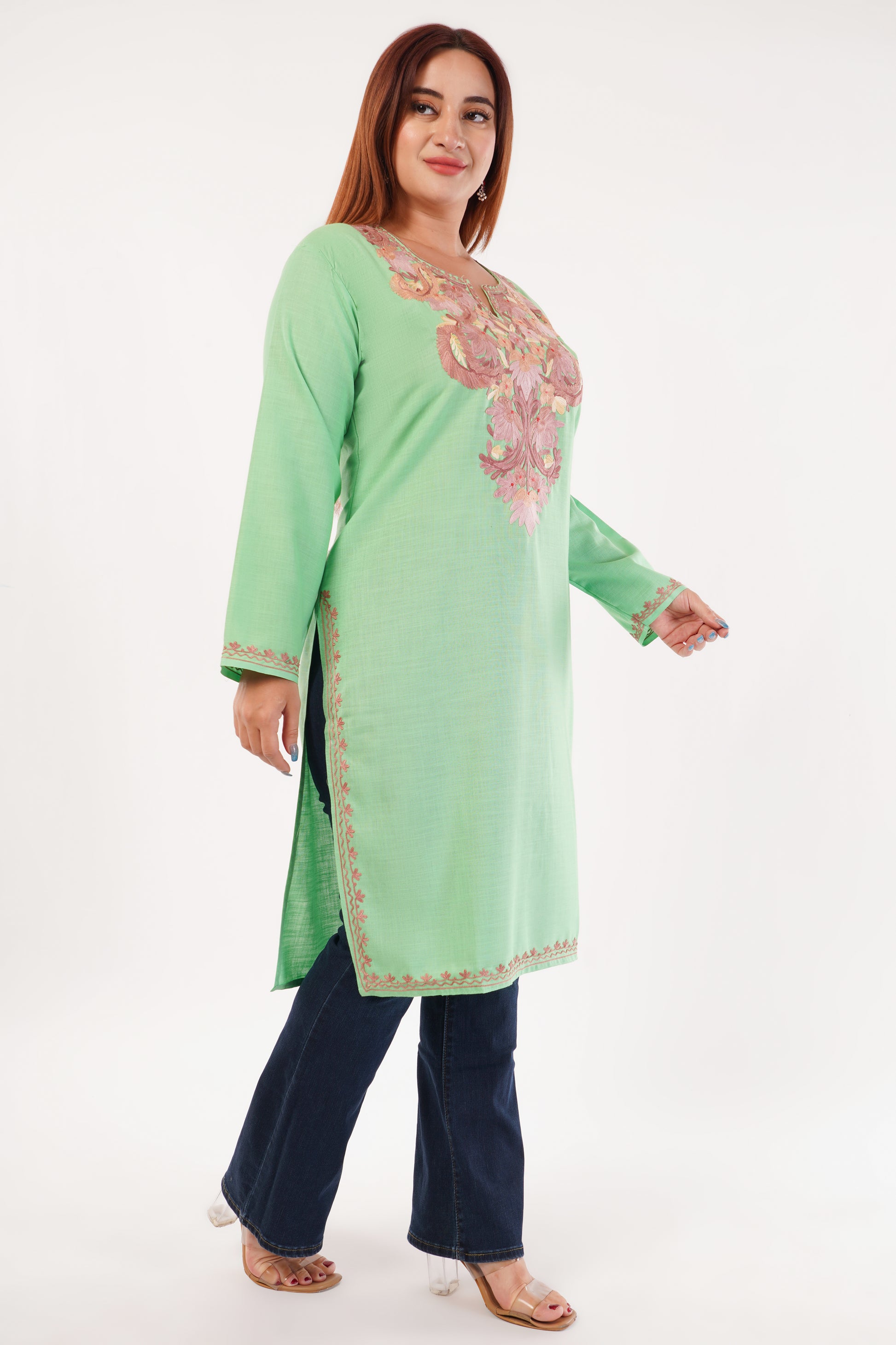 Kashmiri Aari embroidery Cotton Long Kurti Size-44(Green)