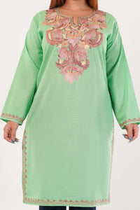 Kashmiri Aari embroidery Cotton Long Kurti Size-44(Green)