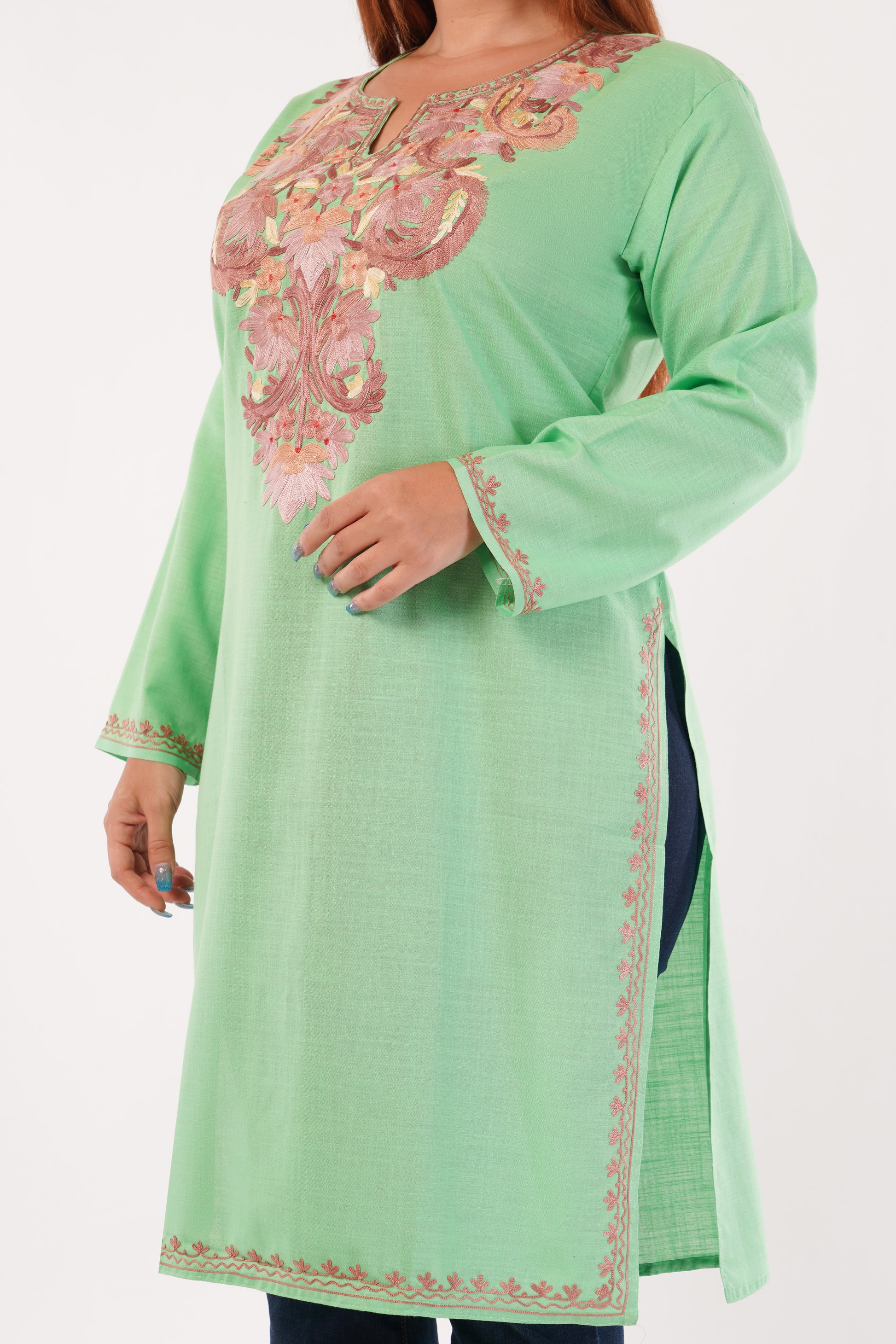 Kashmiri Aari embroidery Cotton Long Kurti Size-44(Green)