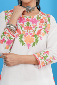 Kashmiri Short Kurti Set-(White)