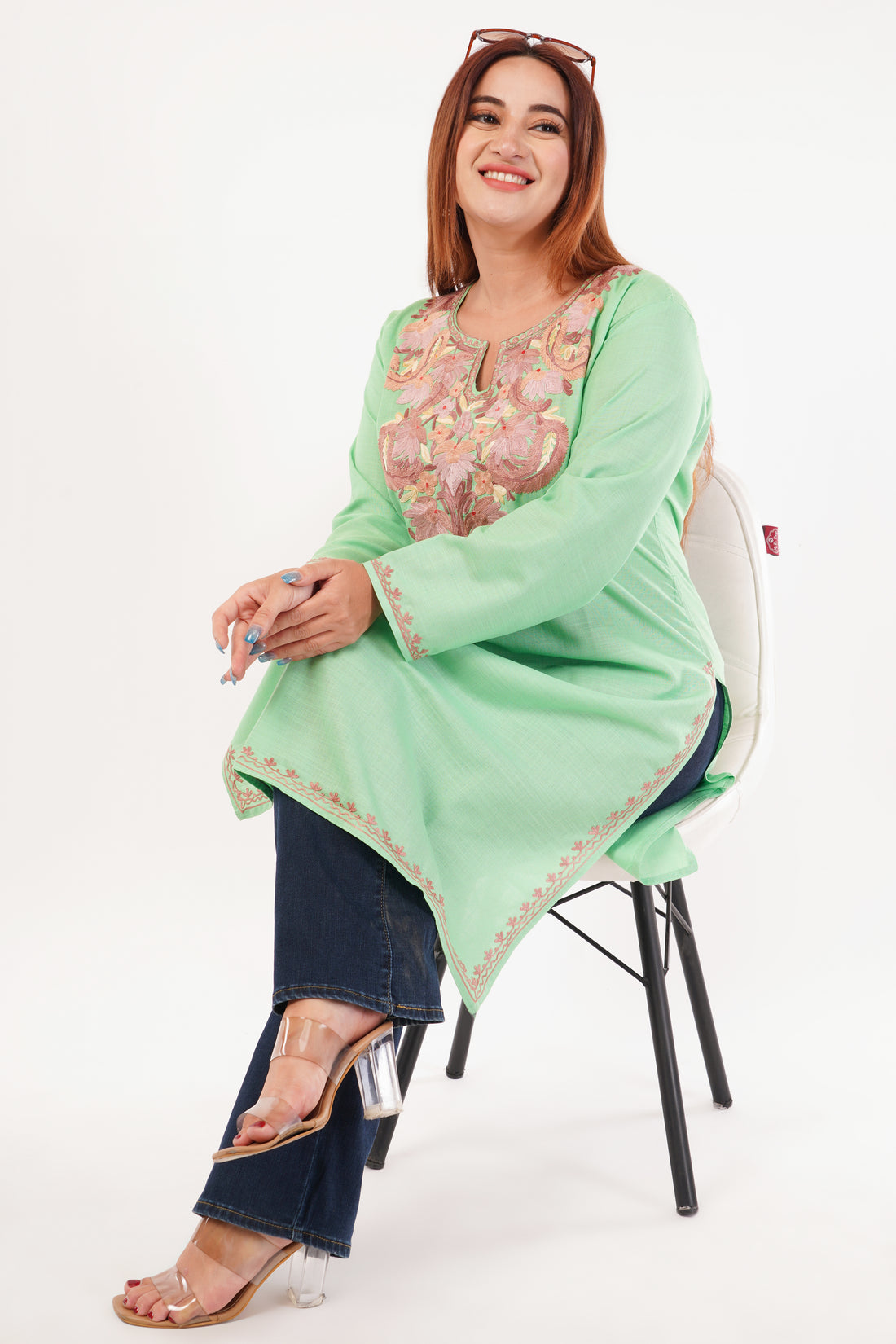 Kashmiri Aari embroidery Cotton Long Kurti Size-44(Green)