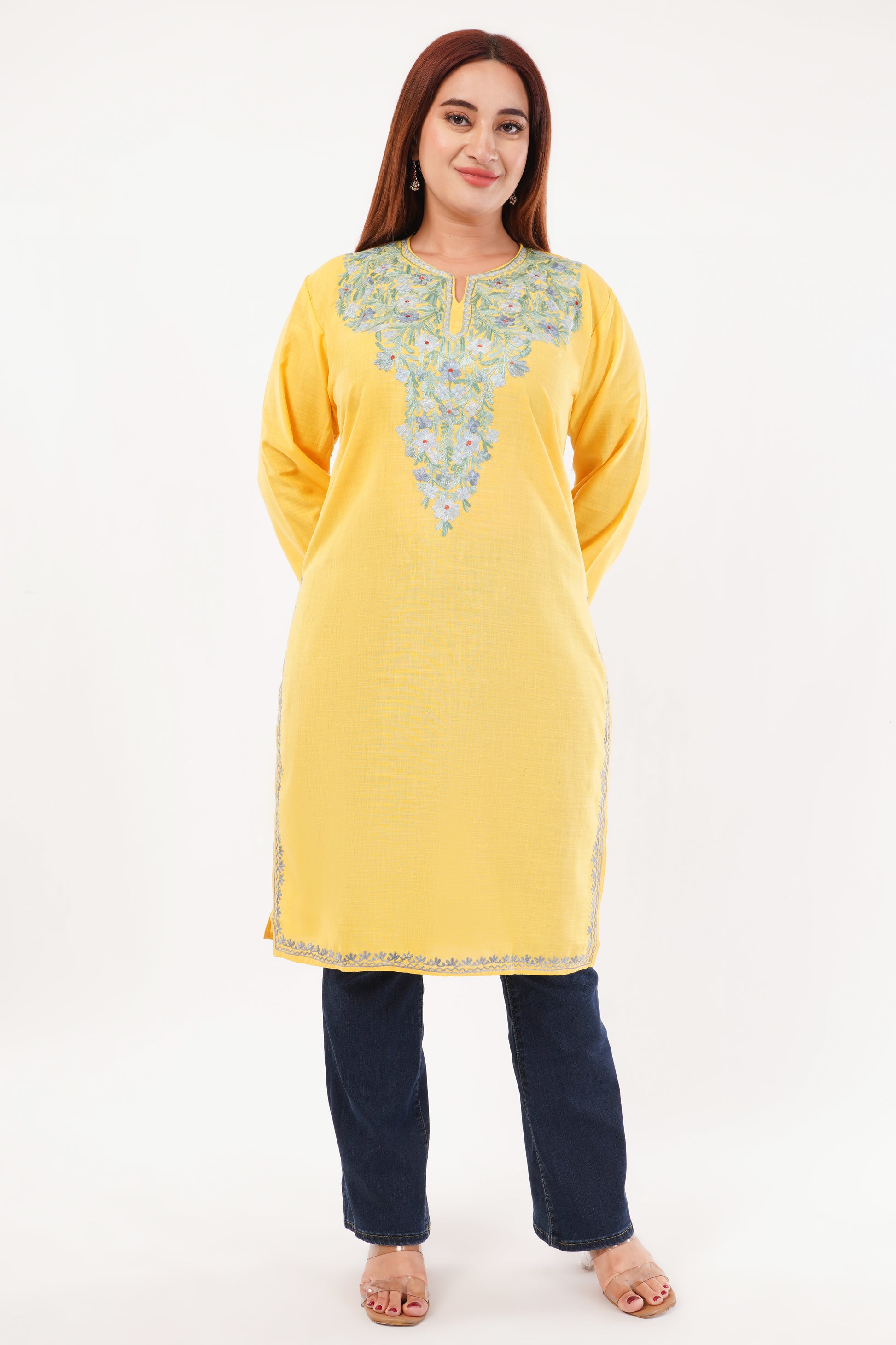Kashmiri Aari embroidery Cotton Long Kurti Size-44(Yellow)