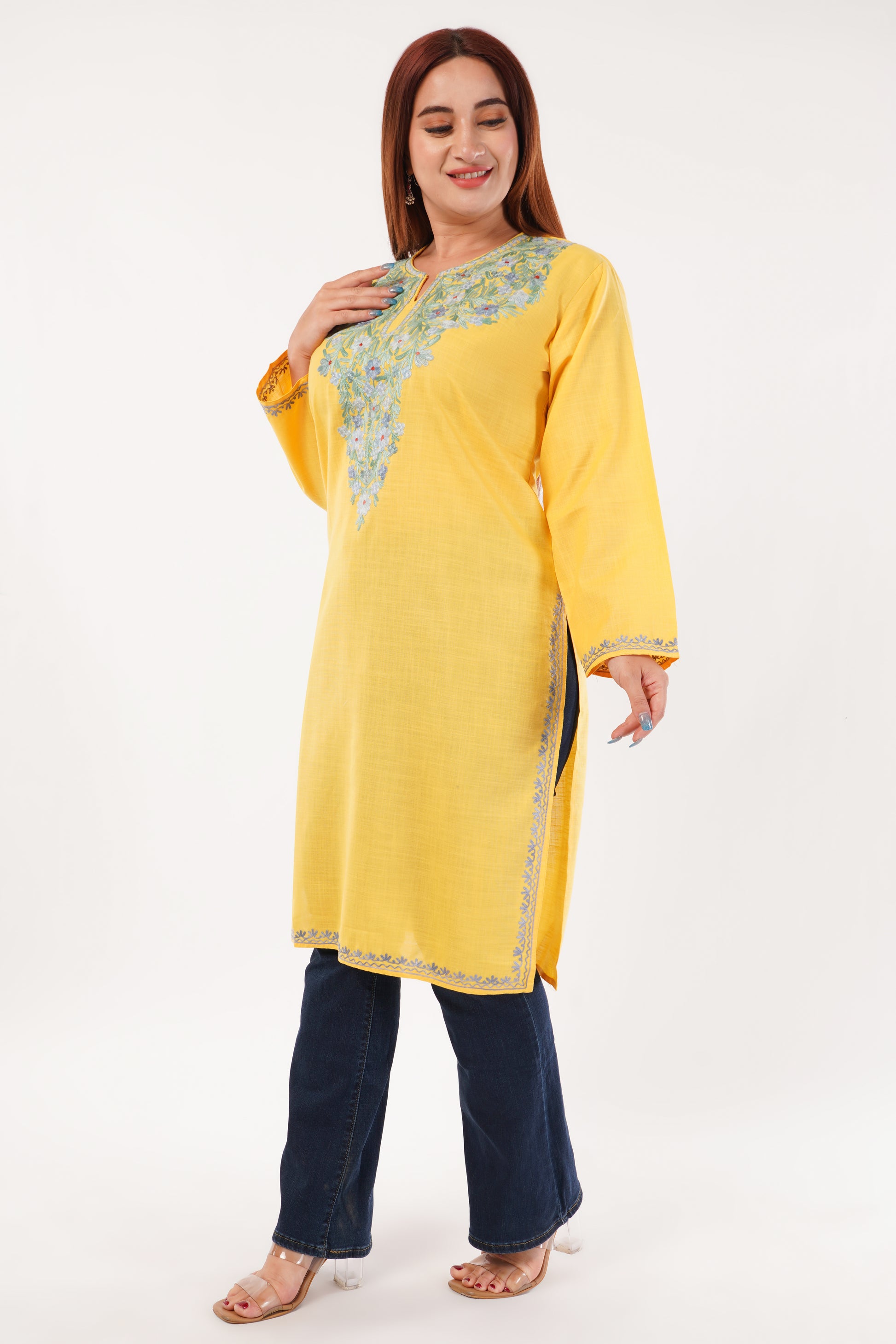 Kashmiri Aari embroidery Cotton Long Kurti Size-44(Yellow)
