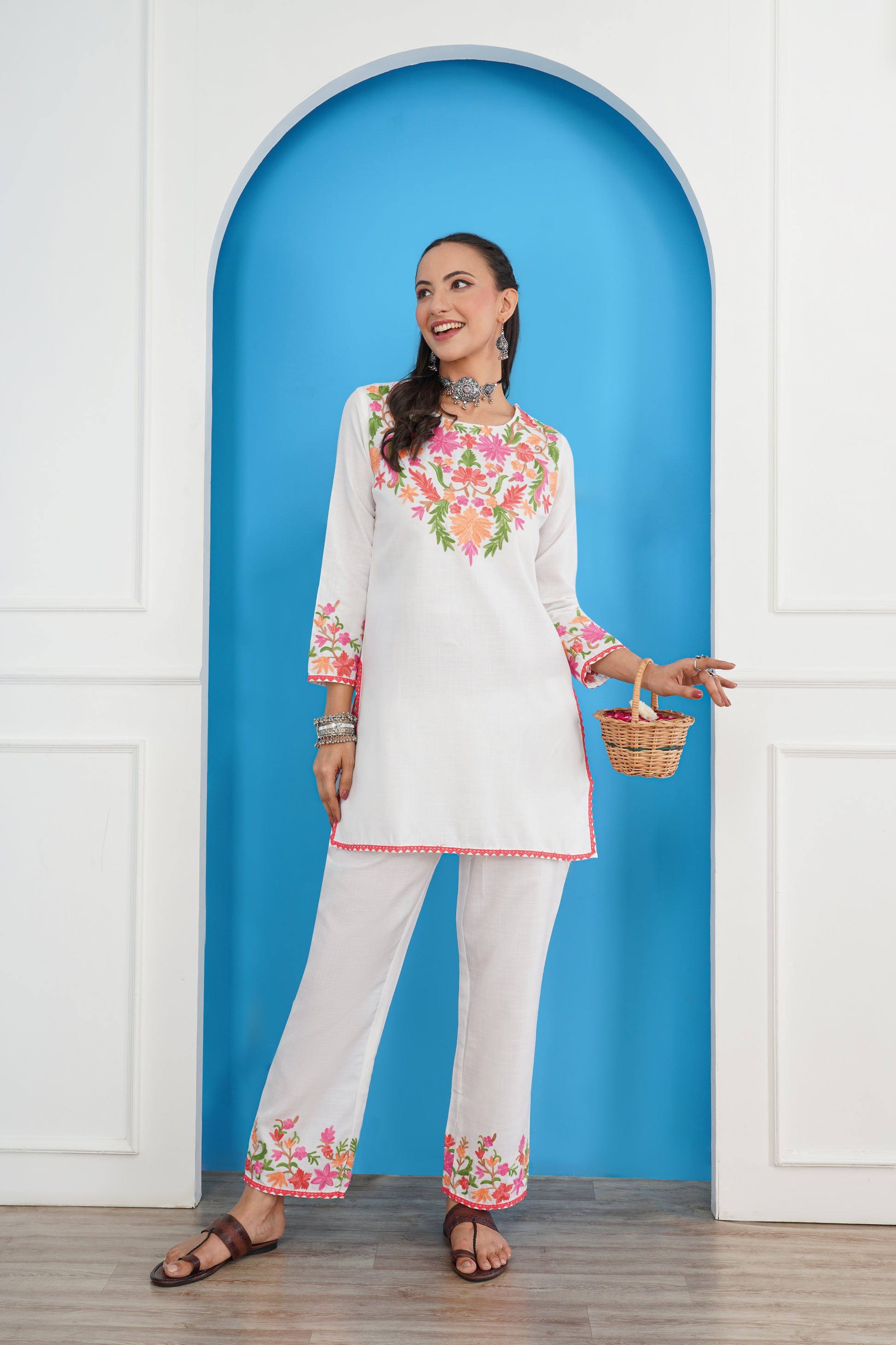 Kashmiri Short Kurti Set-(White)